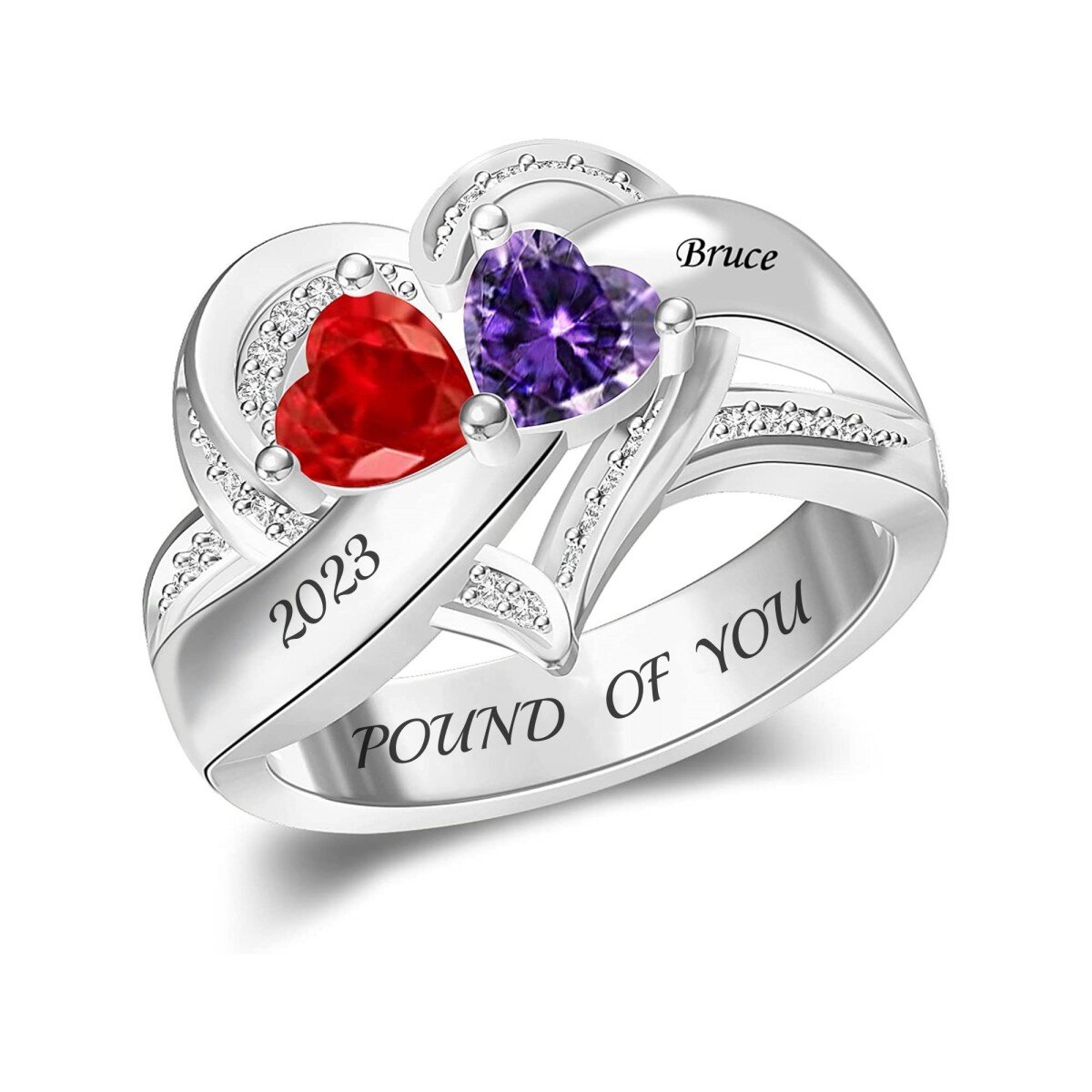 Sterling Silver Heart Personalized Birthstones Engraving Rings For Women-1