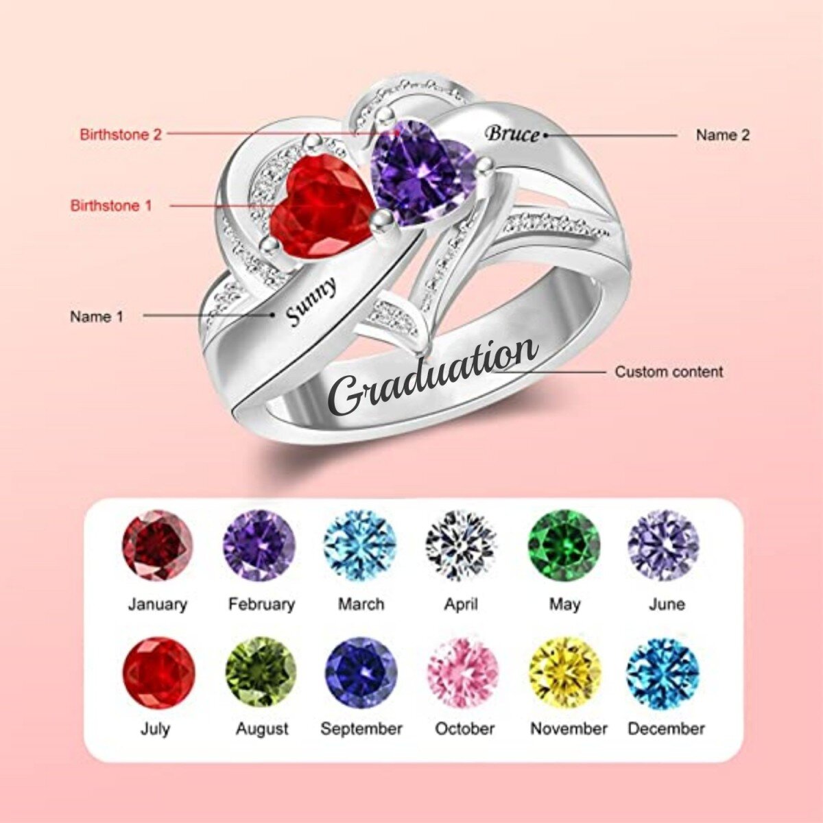 Sterling Silver Heart Personalized Birthstones Engraving Rings For Women-3