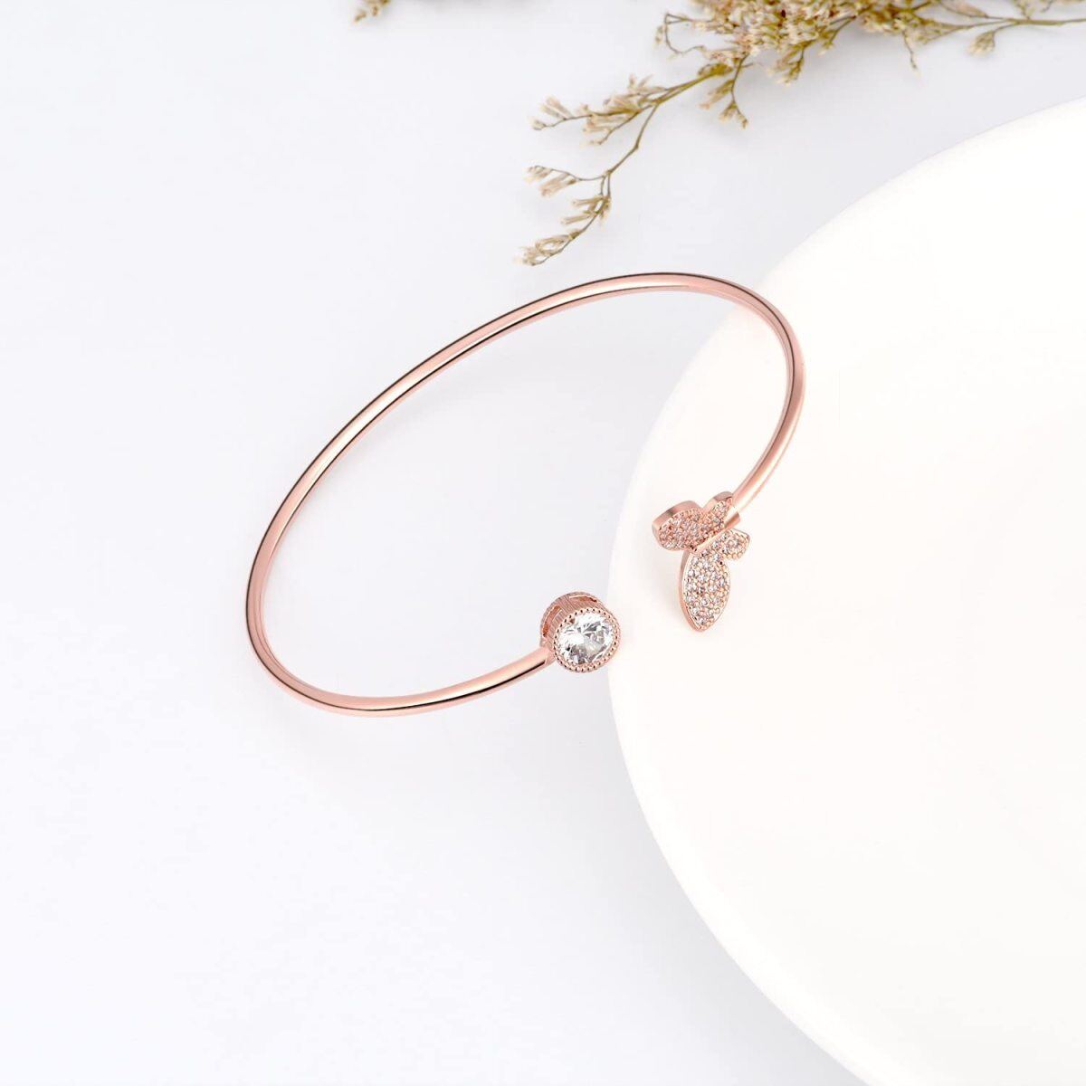 Cooper with Rose Gold Plated Round Cubic Zirconia Butterfly Plain Bangle-3