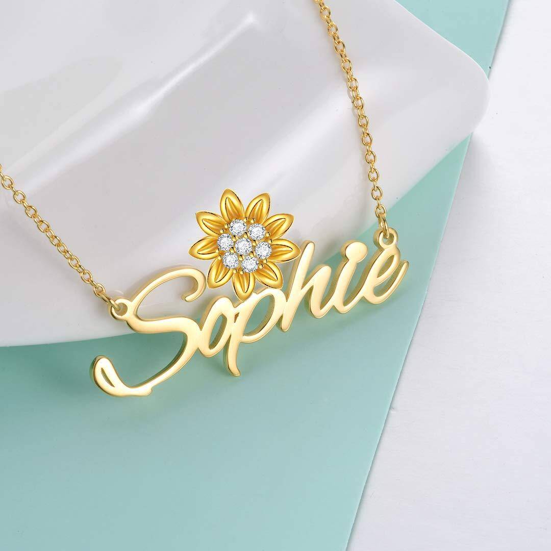 Colar de cobre banhado a ouro amarelo com zircônia de girassol com nome personalizado para mulheres-2