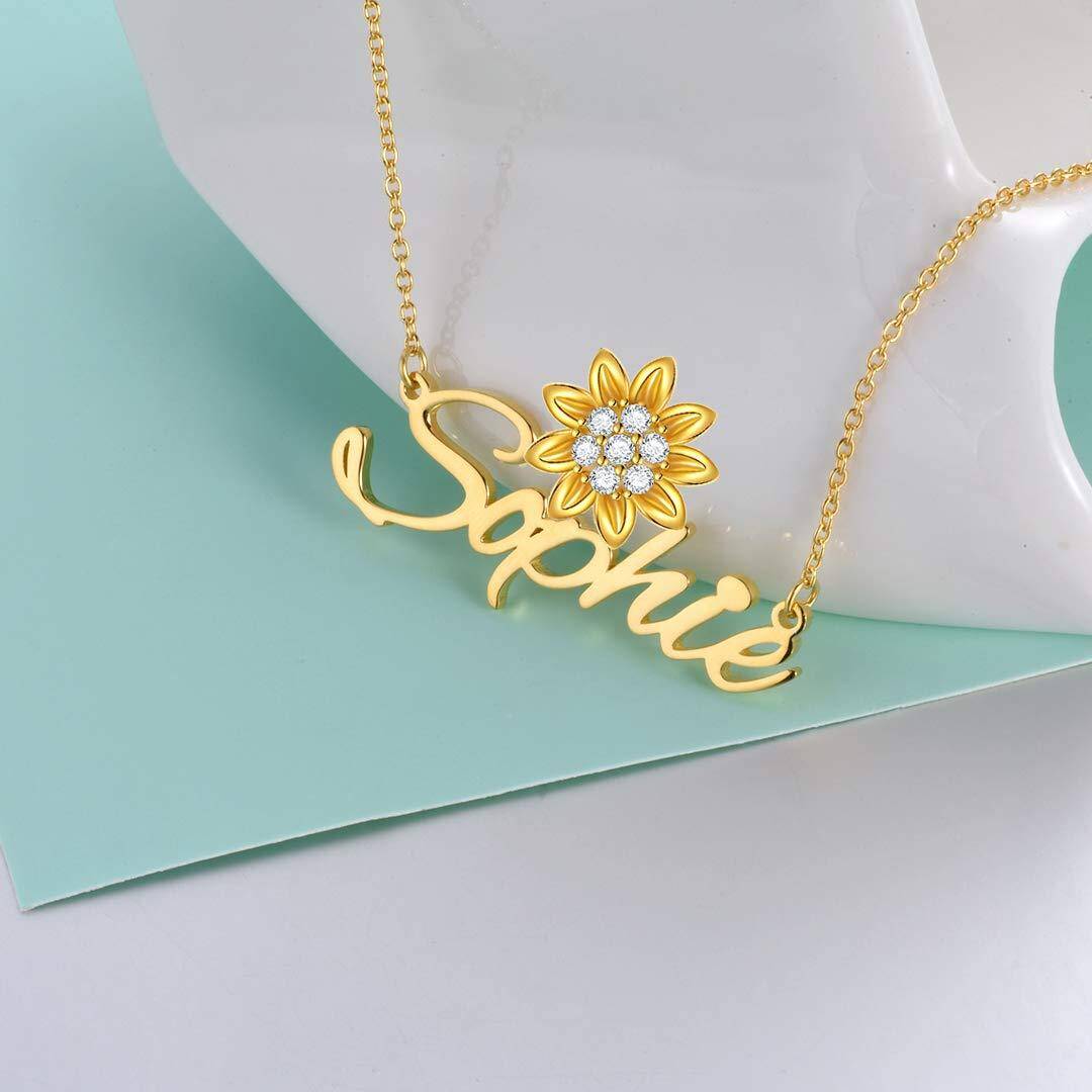 Colar de cobre banhado a ouro amarelo com zircônia de girassol com nome personalizado para mulheres-3