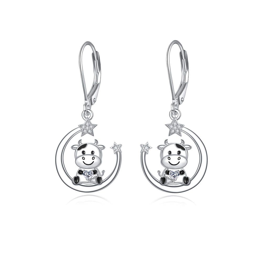 Sterling Silver Zircon Cow Heart Moon Star Drop Earrings-1