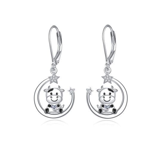 Boucles d'oreilles pendantes en argent sterling avec cœur de vache et étoile de lune et zircon