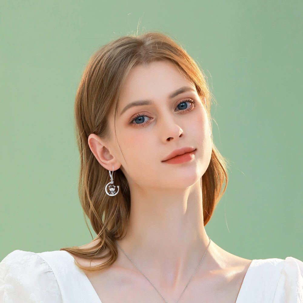 Sterling Silver Zircon Cow Heart Moon Star Drop Earrings-2