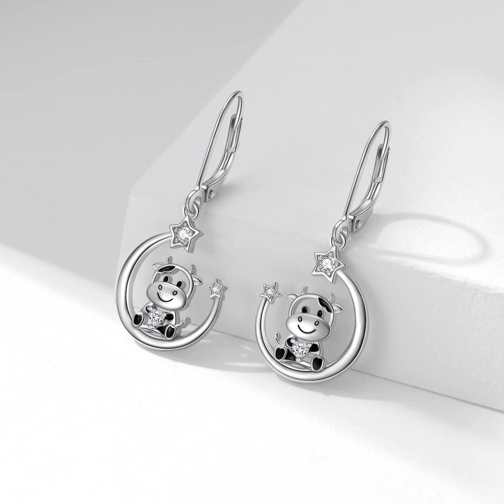 Sterling Silver Zircon Cow Heart Moon Star Drop Earrings-3