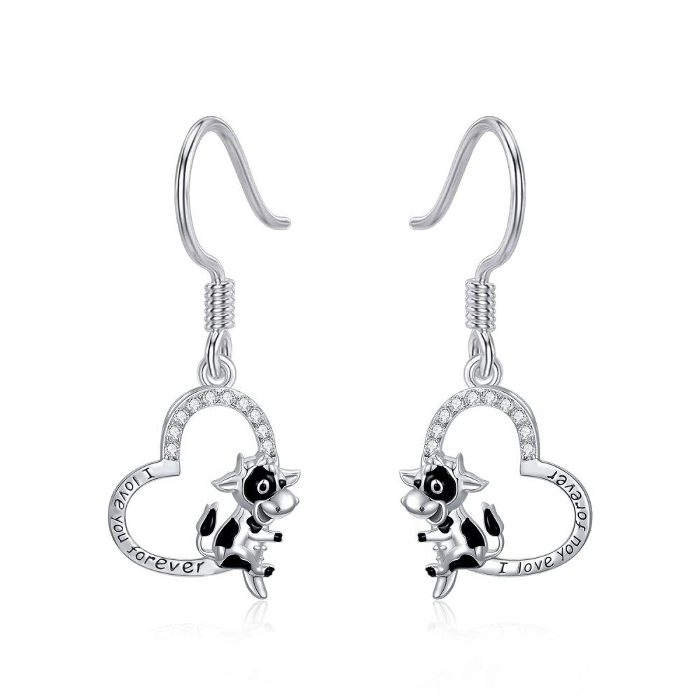 Pendientes colgantes de plata de ley con forma de corazón de vaca y palabra grabada-1