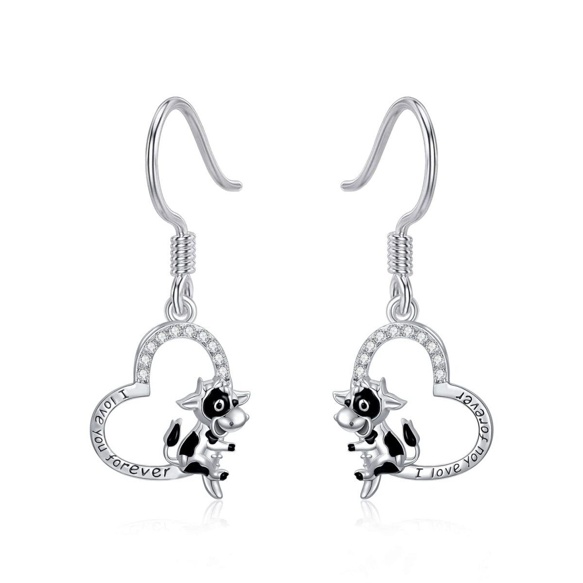 Sterling Silver Cow & Heart Drop Earrings with Engraved Word-1