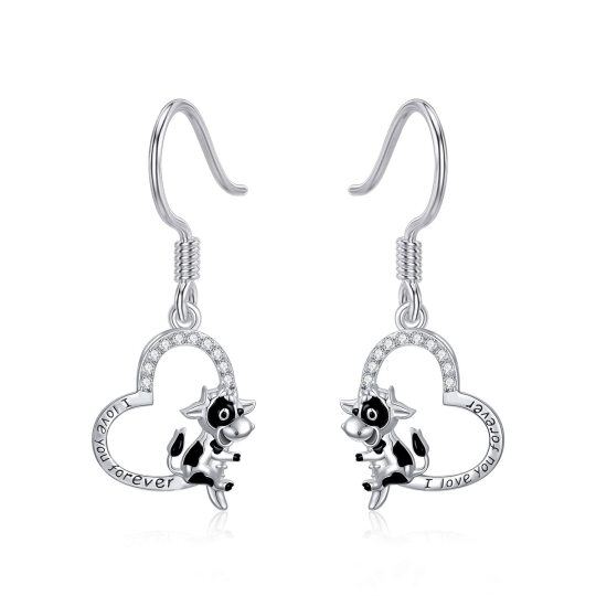 Orecchini pendenti a forma di cuore di mucca in argento sterling con parola incisa