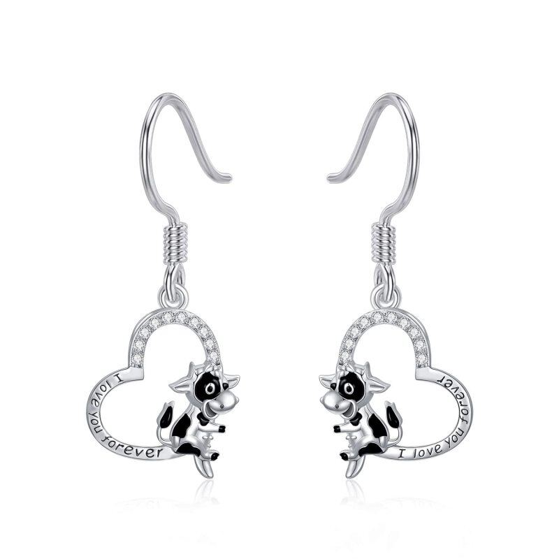 Sterling Silver Cow & Heart Drop Earrings with Engraved Word-3