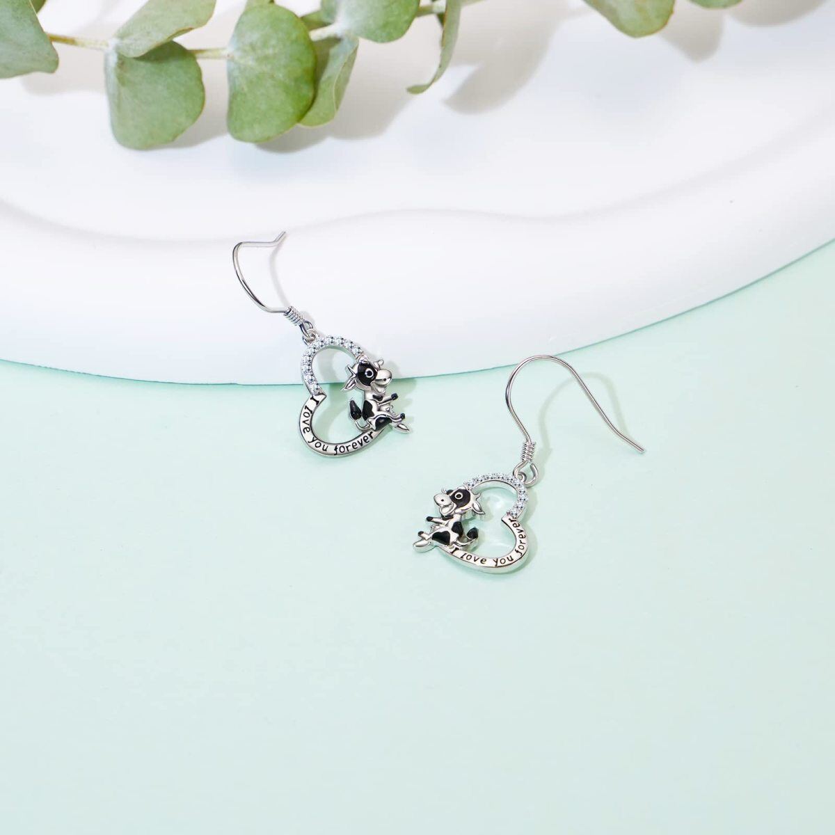 Sterling Silver Cow & Heart Drop Earrings with Engraved Word-3