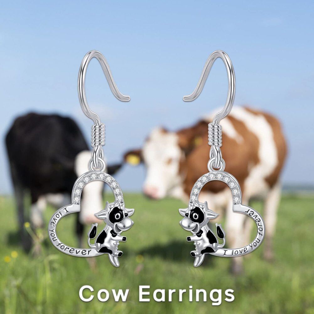 Pendientes colgantes de plata de ley con forma de corazón de vaca y palabra grabada-4