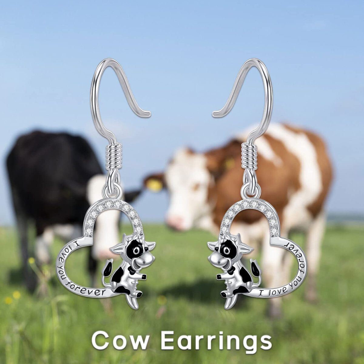 Sterling Silver Cow & Heart Drop Earrings with Engraved Word-4