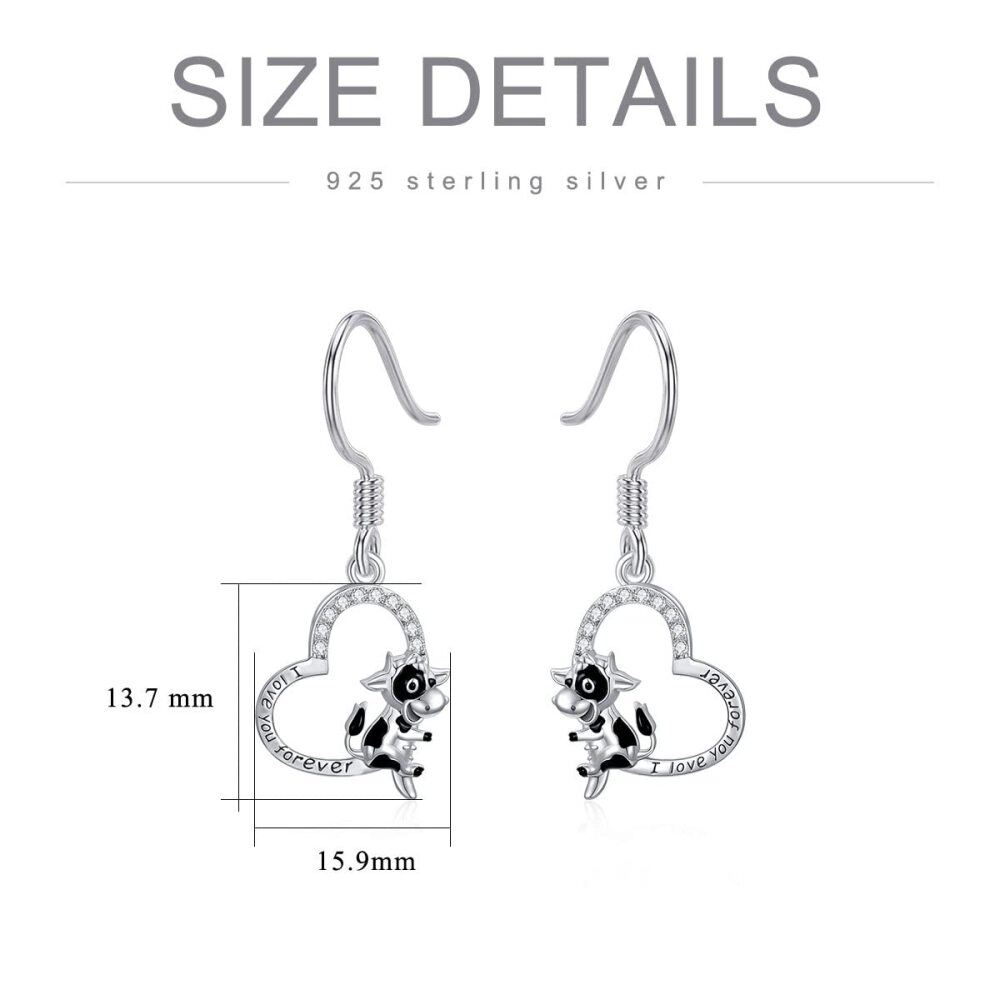 Pendientes colgantes de plata de ley con forma de corazón de vaca y palabra grabada-5