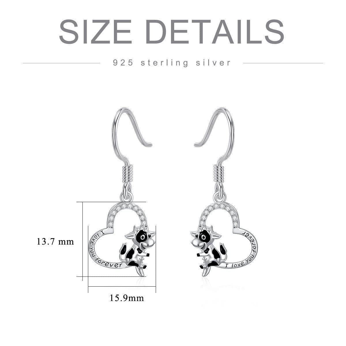 Sterling Silver Cow & Heart Drop Earrings with Engraved Word-5