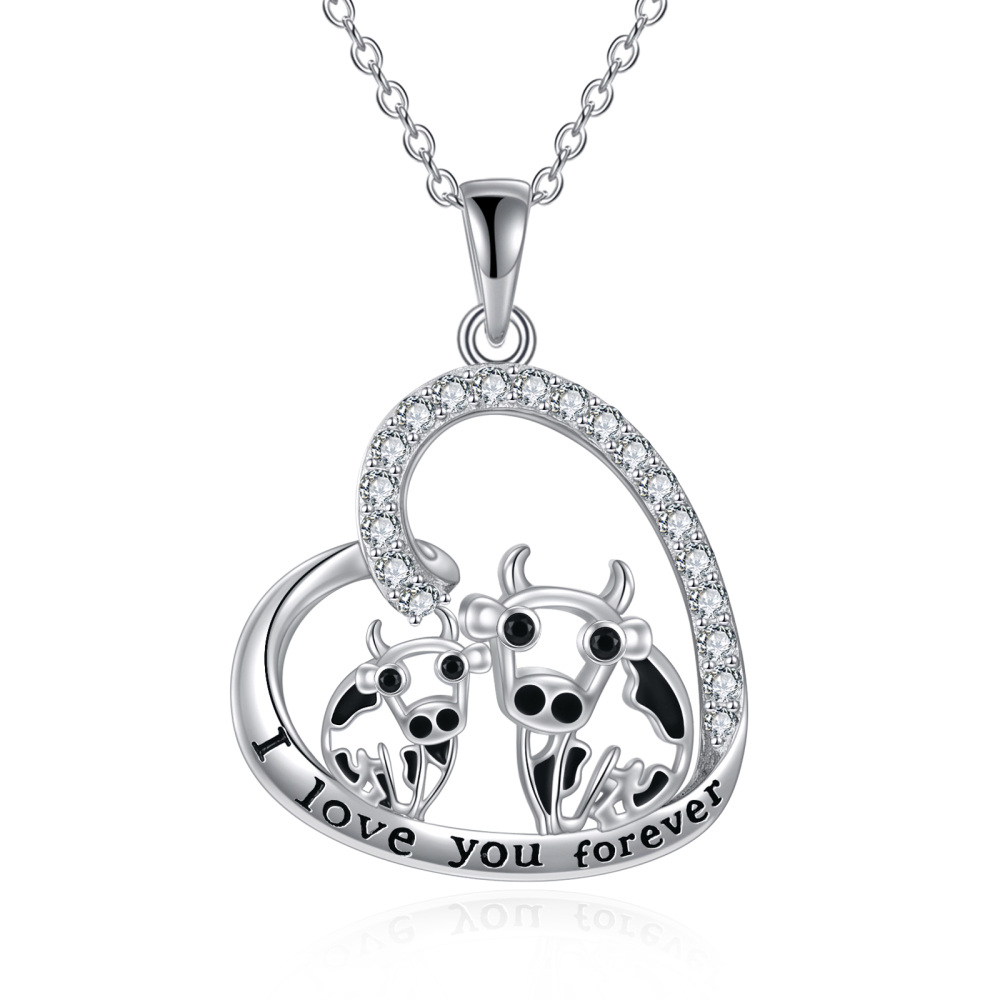 Halskette mit Kuhherz-Anhänger aus Sterlingsilber mit Zirkonia für Damen-1