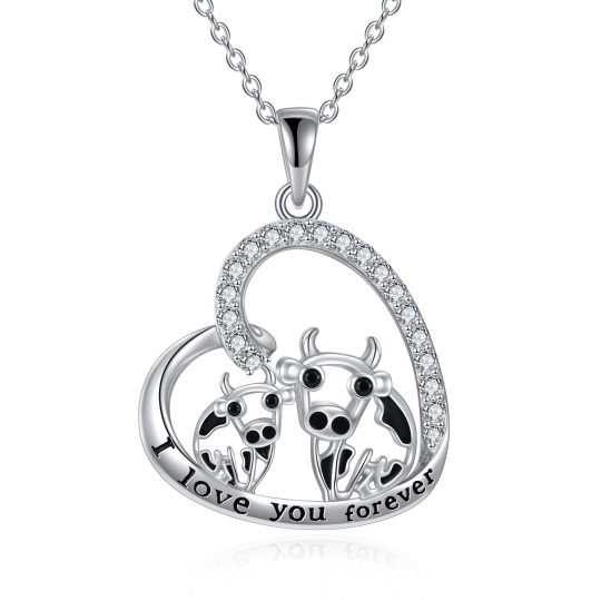 Sterling Silver Cubic Zirconia Cow & Heart Pendant Necklace for Women