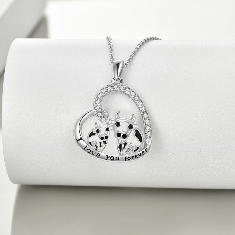 Sterling Silver Cubic Zirconia Cow & Heart Pendant Necklace for Women-3