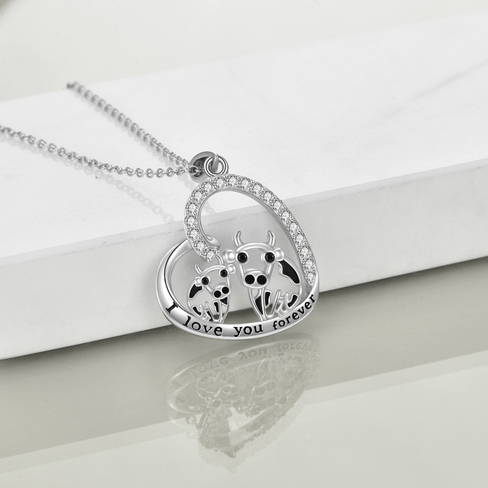 Halskette mit Kuhherz-Anhänger aus Sterlingsilber mit Zirkonia für Damen-4