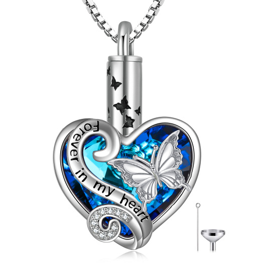 Collana con ciondolo a forma di farfalla in argento sterling con cristalli e cuore per cremazione, per ceneri