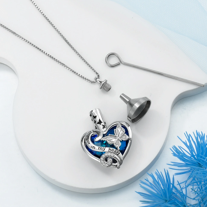 Cremation Keepsake Jewelry Sterling Silver Crystal Butterfly Heart Urn Necklace for Ashes-4