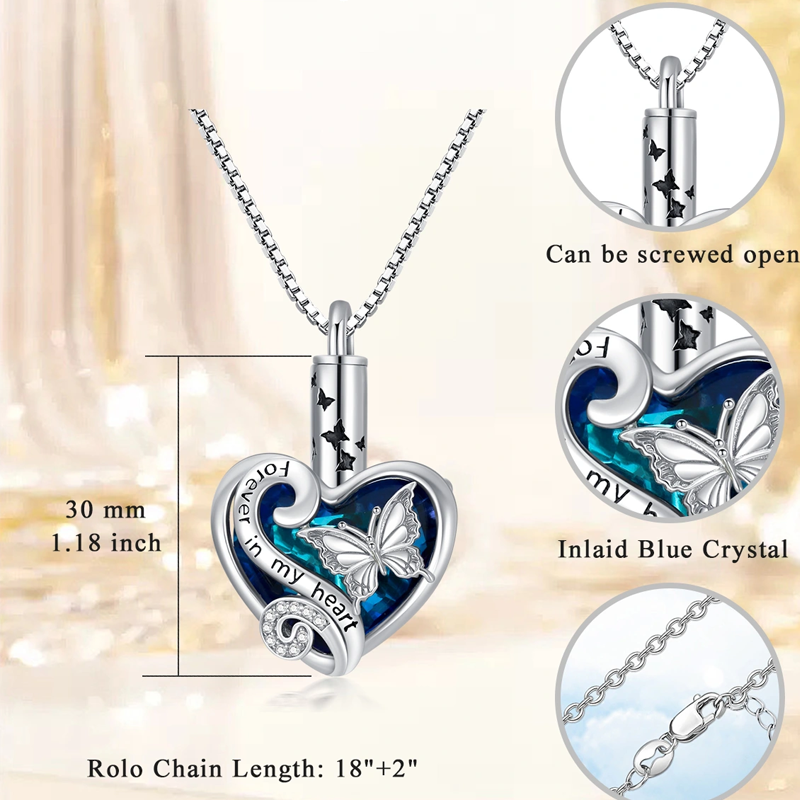 Cremation Keepsake Jewelry Sterling Silver Crystal Butterfly Heart Urn Necklace for Ashes-5