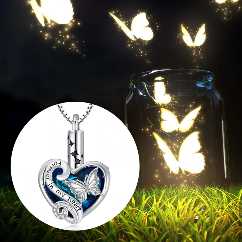 Cremation Keepsake Jewelry Sterling Silver Crystal Butterfly Heart Urn Necklace for Ashes-6