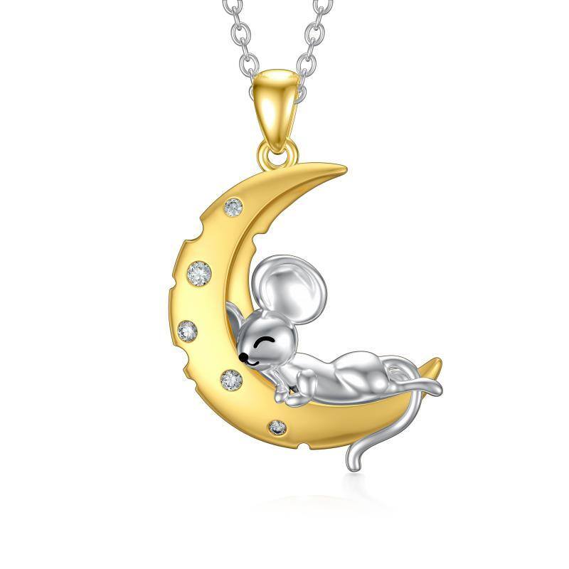 Sterling Silver Two-tone Cubic Zirconia Mouse & Moon Pendant Necklace-1
