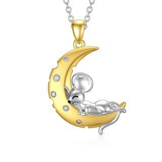 Sterling Silver Two-tone Cubic Zirconia Mouse & Moon Pendant Necklace-46