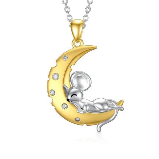 Sterling Silver Two-tone Cubic Zirconia Mouse & Moon Pendant Necklace