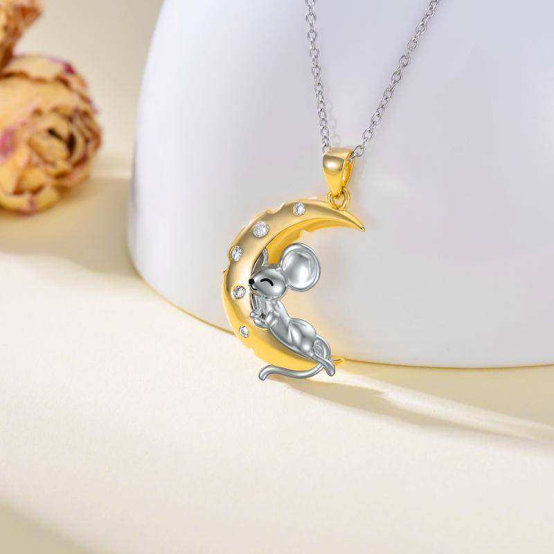 Sterling Silver Two-tone Cubic Zirconia Mouse & Moon Pendant Necklace-3