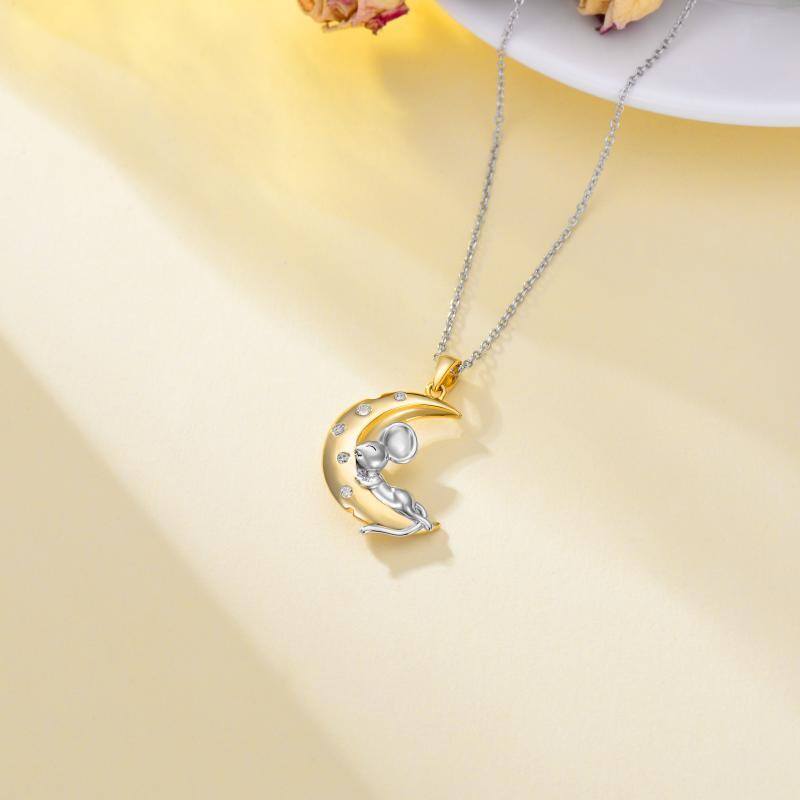Sterling Silver Two-tone Cubic Zirconia Mouse & Moon Pendant Necklace-4