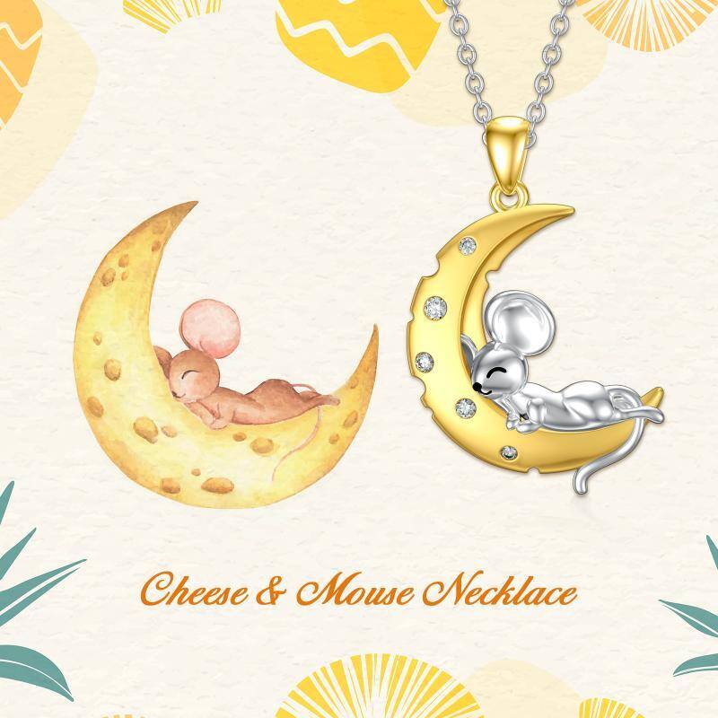 Sterling Silver Two-tone Cubic Zirconia Mouse & Moon Pendant Necklace-5