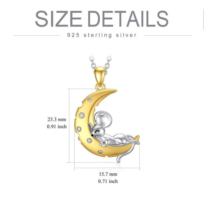 Sterling Silver Two-tone Cubic Zirconia Mouse & Moon Pendant Necklace-6
