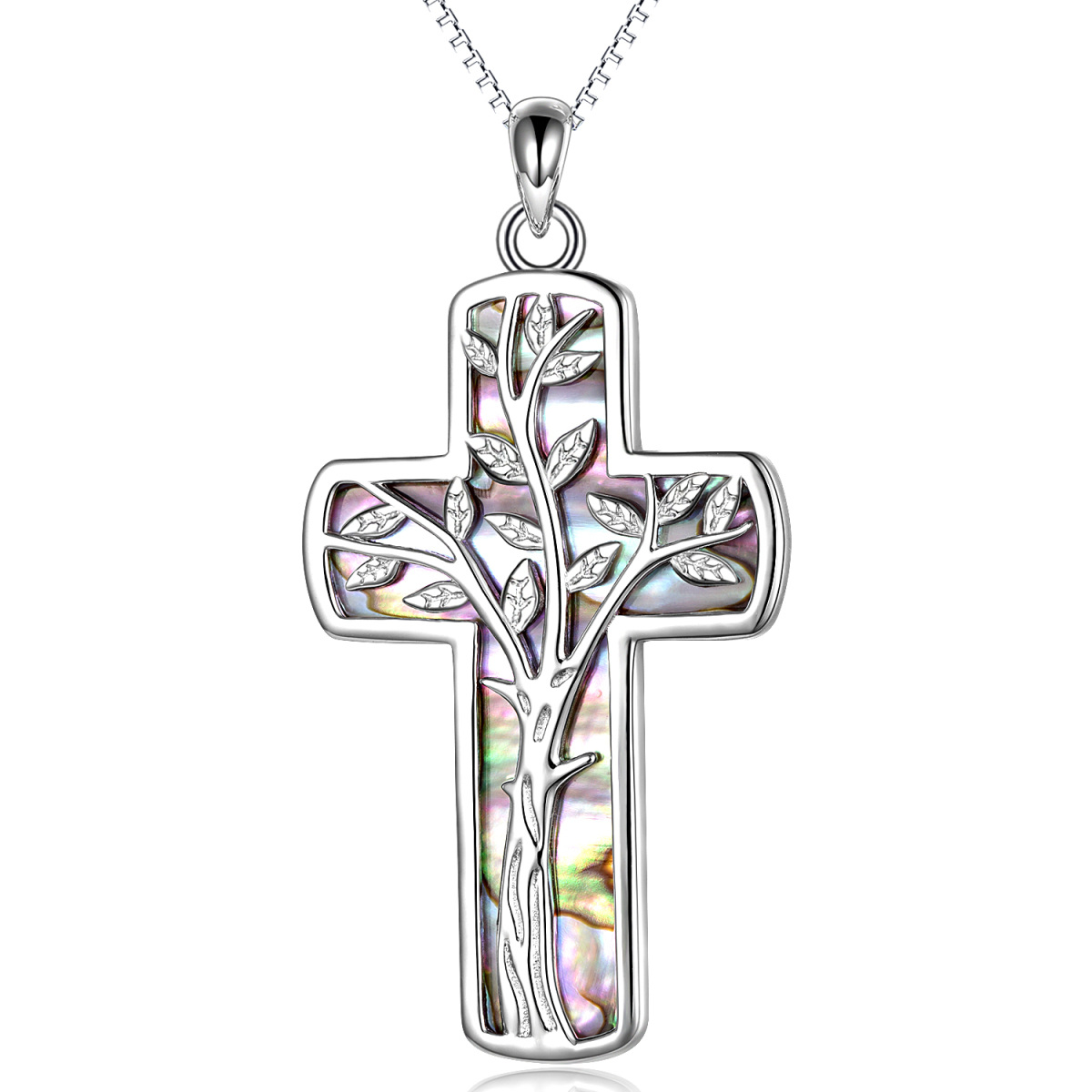 Sterling Silver Abalone Shellfish Tree Of Life & Cross Pendant Necklace for Women-1