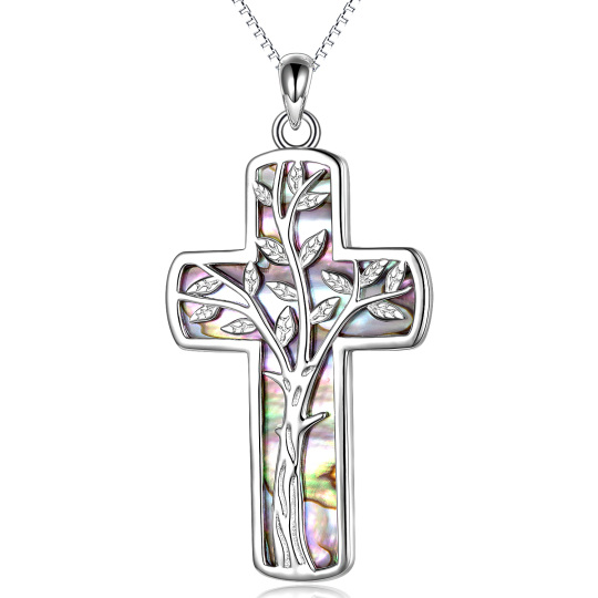 Collier avec pendentif en forme de croix en forme d'arbre de vie en argent sterling et coquillage d'ormeau pour femme