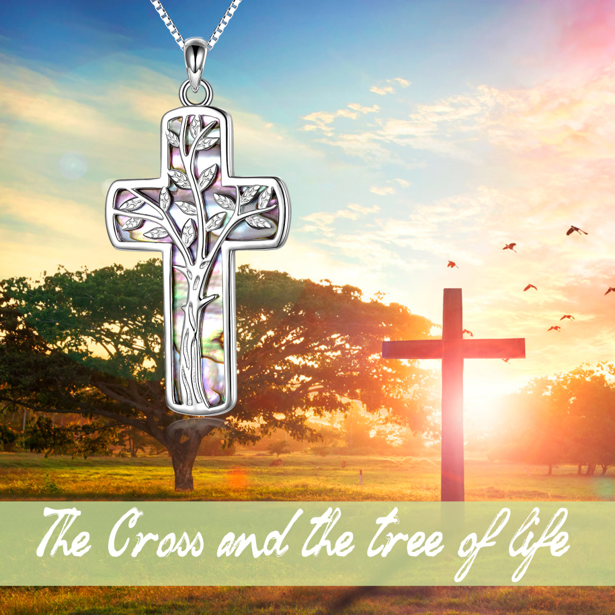 Sterling Silver Abalone Shellfish Tree Of Life & Cross Pendant Necklace for Women-6