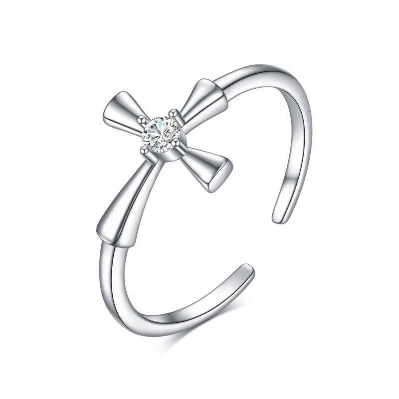 Sterling Silver Cubic Zirconia Cross Open Ring-8