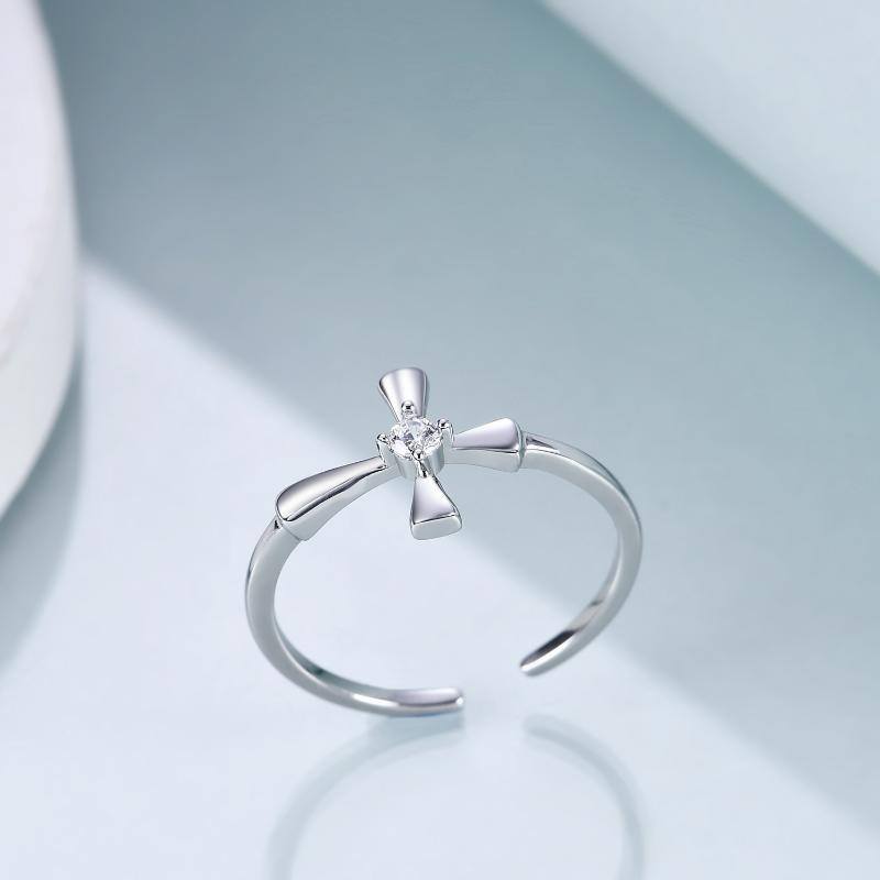 Sterling Silver Cubic Zirconia Cross Open Ring-3