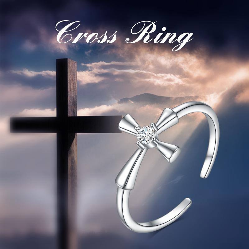 Sterling Silver Cubic Zirconia Cross Open Ring-6