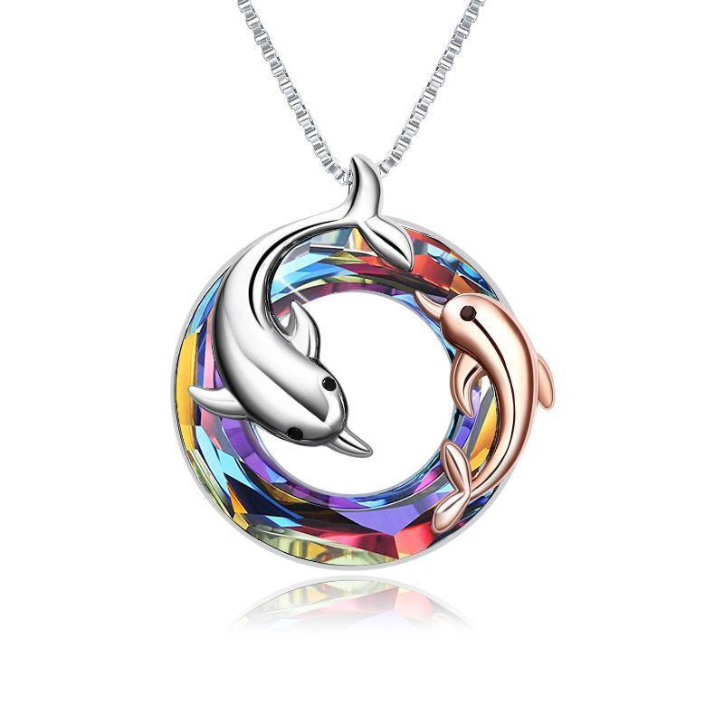 Sterling Silver Two-tone Dolphin Circle Crystal Box Chain Necklace for Women-1