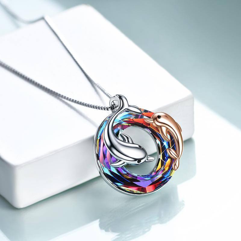 Sterling Silver Two-tone Dolphin Circle Crystal Box Chain Necklace for Women-3