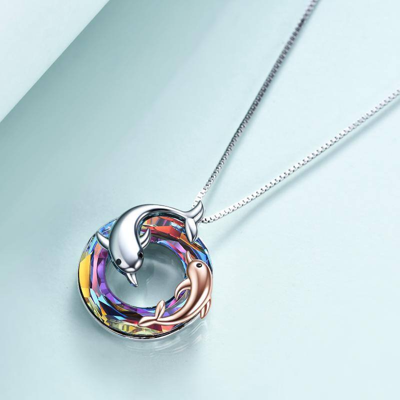 Sterling Silver Two-tone Dolphin Circle Crystal Box Chain Necklace for Women-4