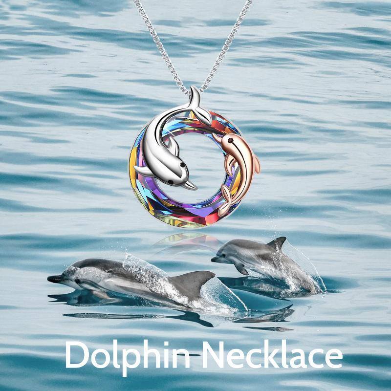 Sterling Silver Two-tone Dolphin Circle Crystal Box Chain Necklace for Women-6