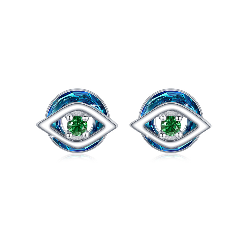 Sterling Silver Circular Crystal & Green Cubic Zirconia Evil Eye Stud Earrings for Women-6