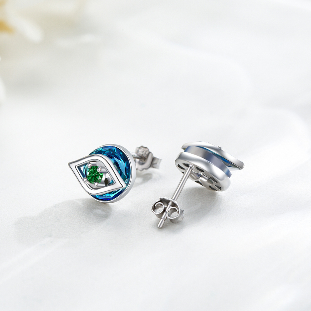 Sterling Silver Circular Crystal & Green Cubic Zirconia Evil Eye Stud Earrings for Women-4