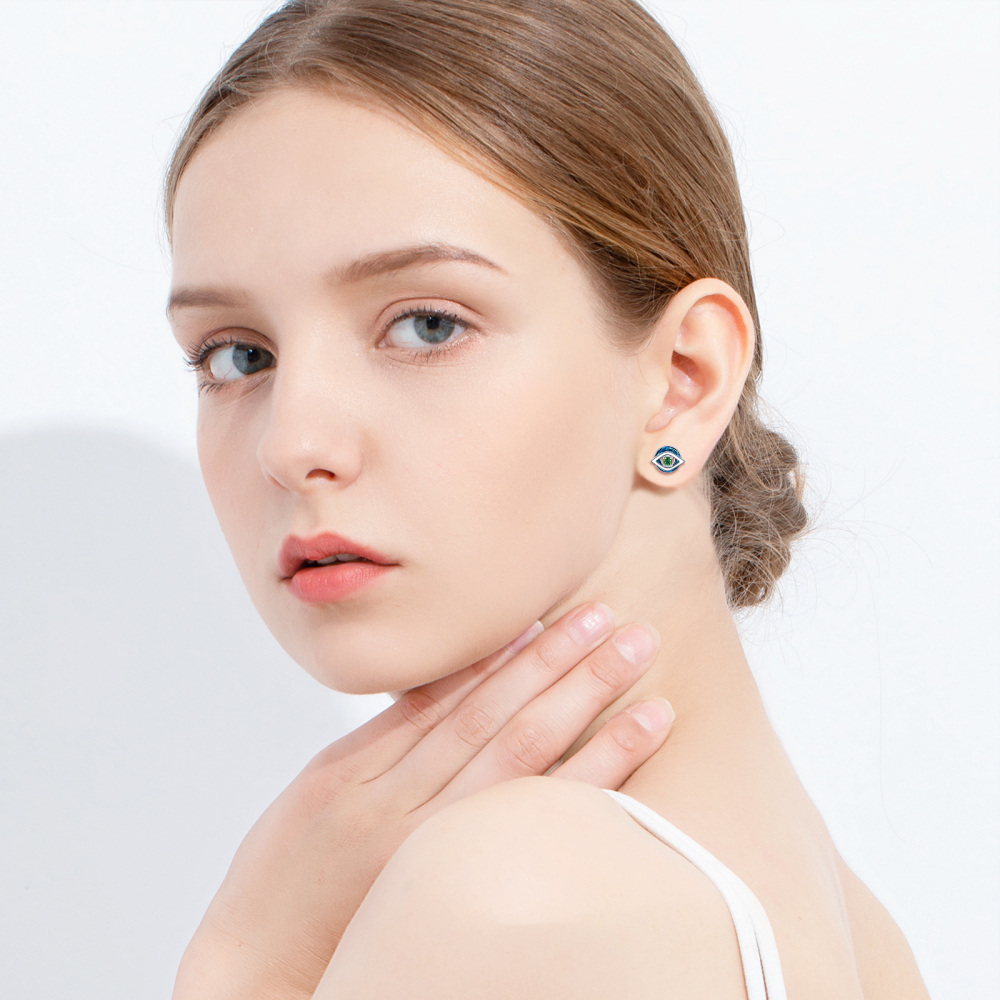 Sterling Silver Circular Crystal & Green Cubic Zirconia Evil Eye Stud Earrings for Women-3