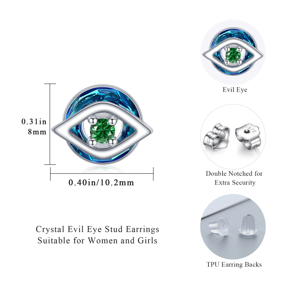 Sterling Silver Circular Crystal & Green Cubic Zirconia Evil Eye Stud Earrings for Women-5