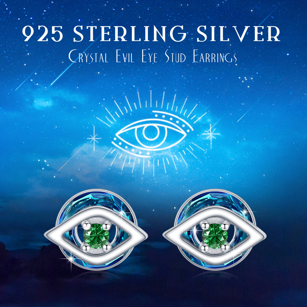 Sterling Silver Circular Crystal & Green Cubic Zirconia Evil Eye Stud Earrings for Women-6