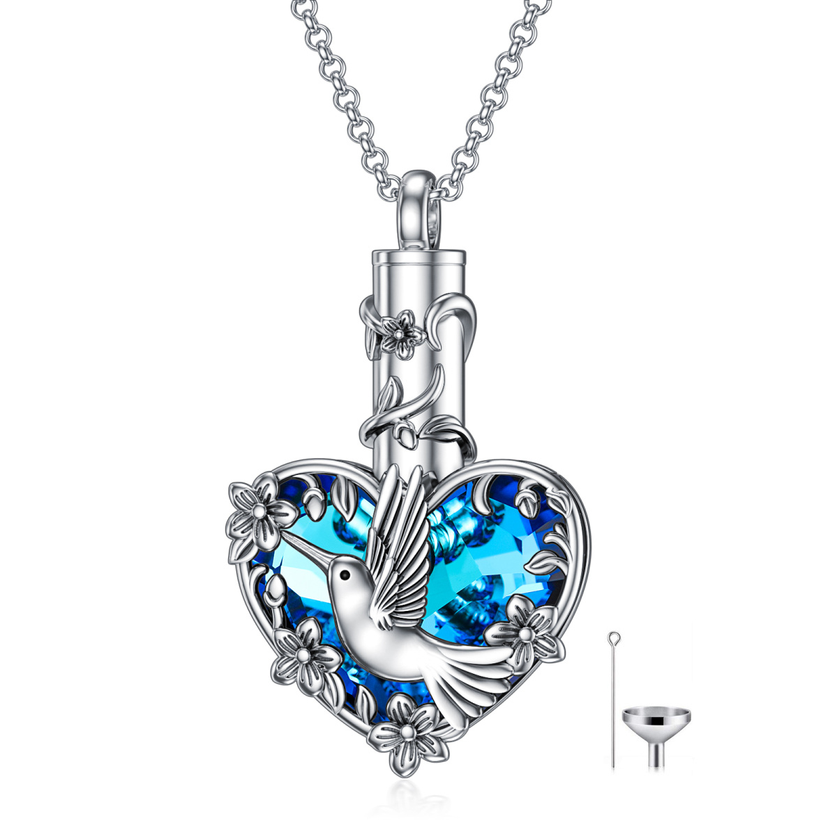 Collana con urna a forma di cuore con colibrì in cristallo d'argento sterling per le ceneri-1