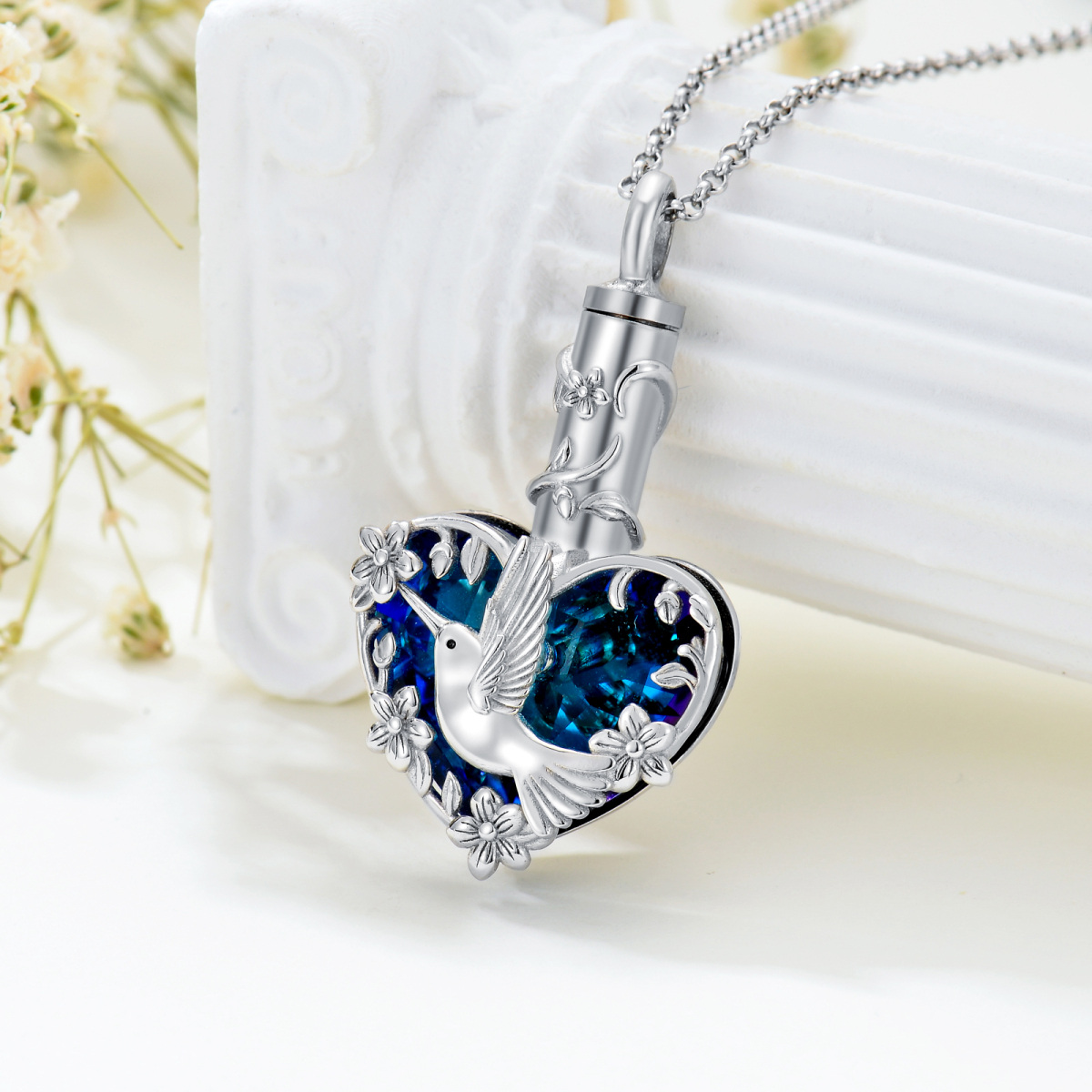 Sterling Silver Crystal Hummingbird & Heart Urn Necklace for Ashes-3